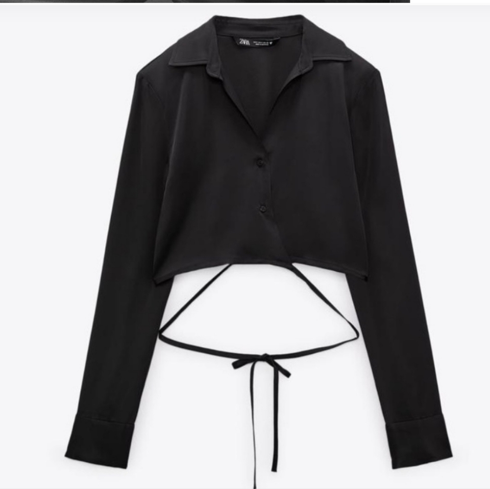 Zara Satin Effect Cropped Tie Front Blouse Top Black Size S - Picture 5 of 7